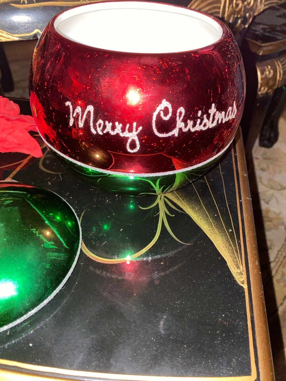 Holiday 'Merry Christmas' Red and Green Glass Ornament - Picture 4 of 7